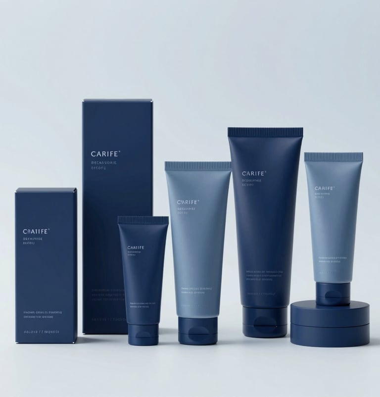 A wide shot of a full product range including various sizes of boxes and tubes. All packaging follows a consistent minimalist brand identity in #0A1118 and #ECF0F1. Clean, uncluttered professional background.