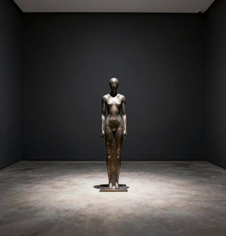 Wide shot of a minimalist gallery space with a single muted steel sculpture in the center. The walls are deep obsidian, illuminated by a single spotlight of soft cloud white. Artistic and professional.