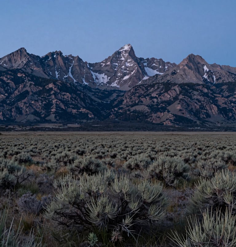 An elegant wide-shot of the Ruby Mountains in Northeast Nevada. The foreground consists of a vast, tranquil meadow with scattered sagebrush. The lighting is that of the blue hour, providing a sense of trust and professional clarity. The composition is balanced and majestic.