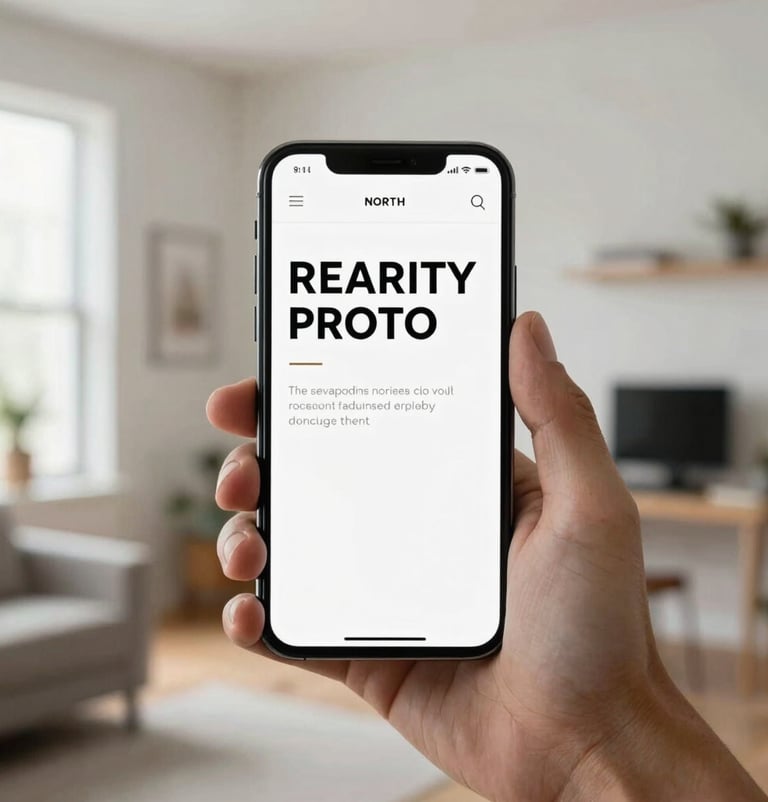 A close-up of a hand holding a high-end smartphone in a bright, modern interior. The screen shows a sophisticated, minimalist website with bold black typography and plenty of white space. The background is softly blurred, showing a clean North American home office.