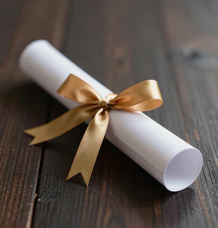 A refined, artistic close-up of a graduation scroll tied with a gold ribbon (#A88B57) resting on a dark wood surface (#1A1C20), symbolizing educational success.
