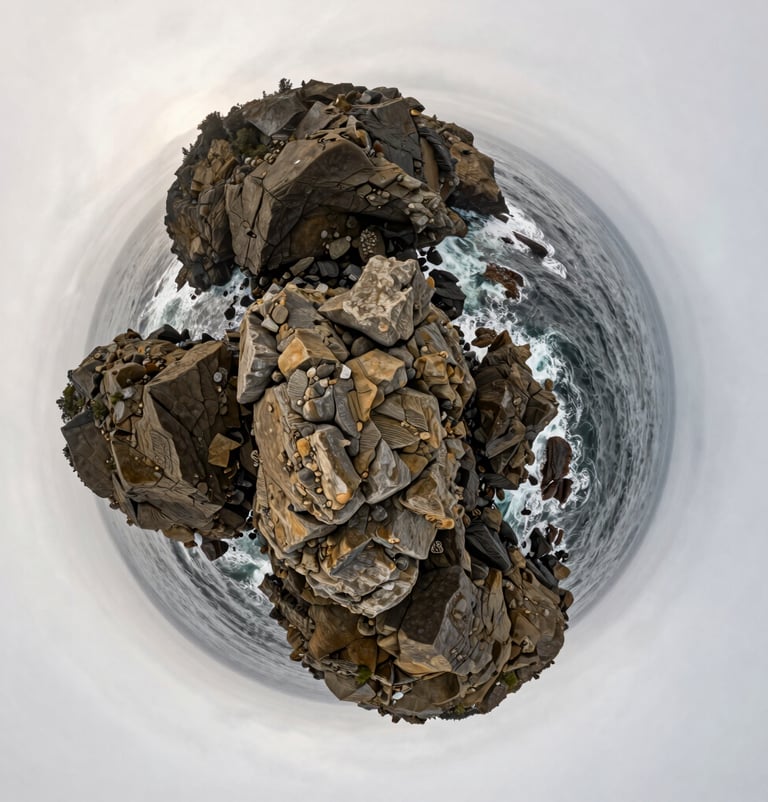A distorted, 360-degree 'tiny planet' view of a rocky coastline in Oregon. The ocean is a deep muted blue-grey, and the rugged rocks have warm taupe textures under a soft off-white sky.