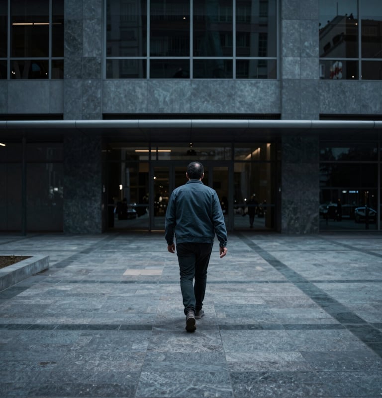 A cinematic still of a solitary figure walking through a modern plaza in a major Latin American / Hispanic city, high contrast lighting, Slate Blue and Midnight Charcoal color palette.