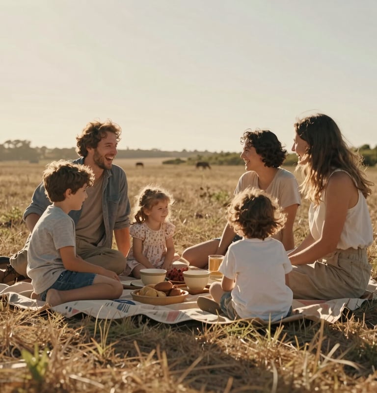 Spontaneous photo of a family having a picnic in a sunny Portuguese meadow. Laughter and authentic interactions. The style is cinematic and warm, with dominant soft sand and brown earthy tones.