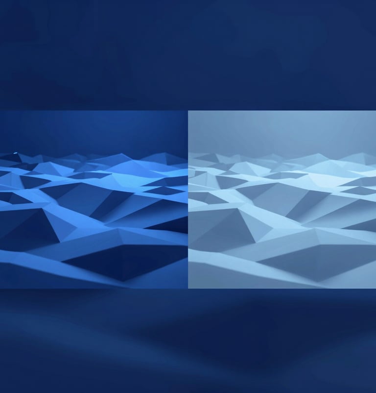 A side-by-side comparison image showing a low-poly terrain prototype under blue volumetric lighting. Clean, technical aesthetic focusing on development stages. Colors: #3F516B and #A7BCCB.