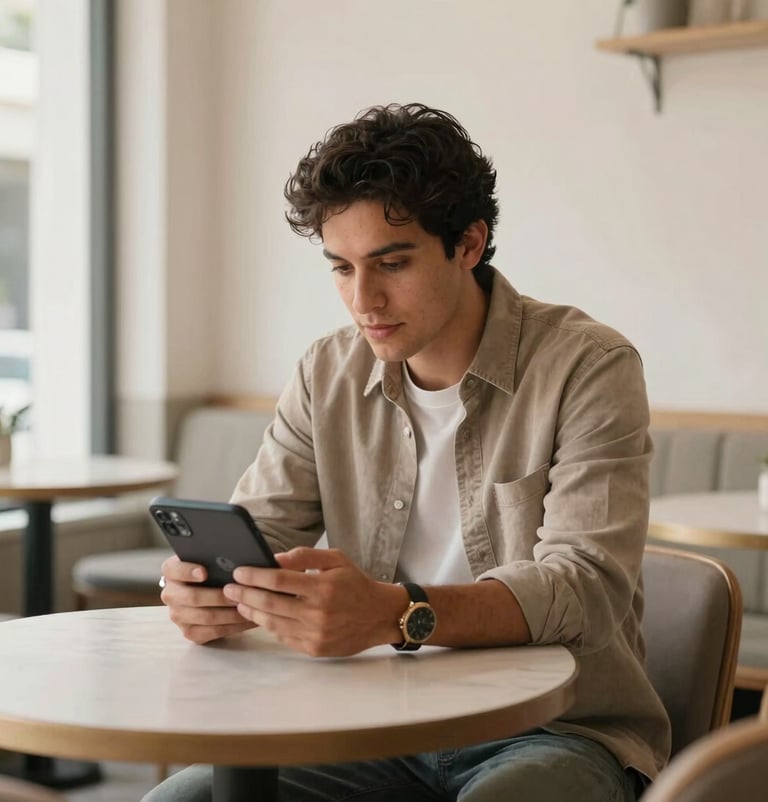 A candid shot of a stylish creator reviewing content on a digital device in a chic, sun-drenched café. The atmosphere is warm and aspirational, featuring muted taupe and eggshell white tones, Latinoamericano context.