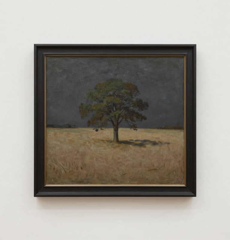 A framed oil painting hanging on a clean, soft off-white gallery wall. The painting depicts a solitary tree in a warm taupe field under a dark charcoal sky. Minimalist and elegant composition.