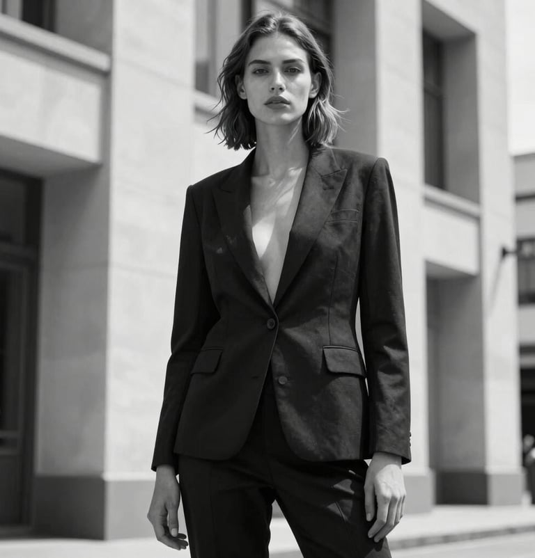 High-fashion photography shot in an urban South American setting. A model posing with architectural minimalist lines in the background. High contrast black and white style with sharp details and professional lighting.