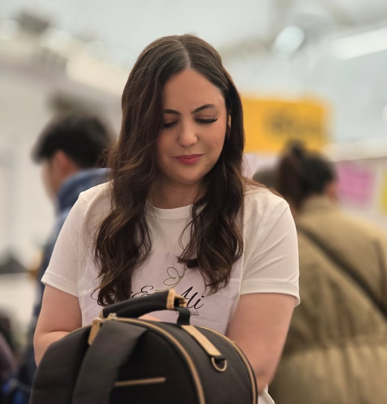 a woman is looking at her diaper bag
