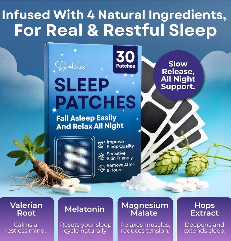 Natural sleep patches with valerian root and melatonin for restful sleep aid and relaxation.