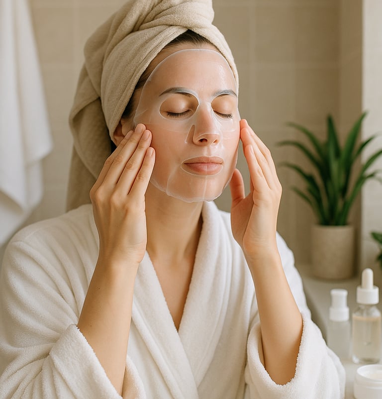 Woman applying collagen face mask in skincare routine