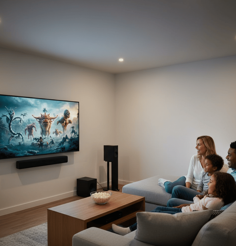 a family sitting on a couch watching a movie