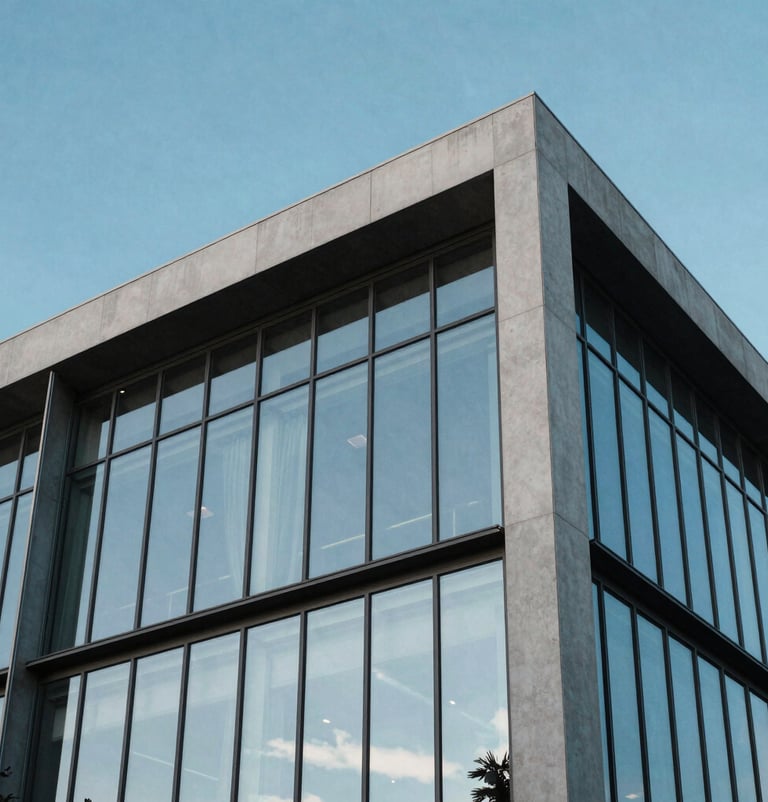 A minimalist architectural detail of a modern South American / Brazilian building with clean lines and Steel Blue glass panels, reflecting a bright and clear sky.