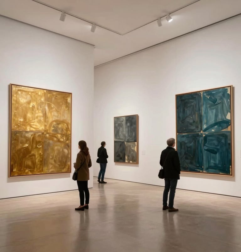 A wide-angle interior shot of a minimalist art gallery in a Northern European / Welsh / British city. Several large-scale canvases with golden ochre and deep charcoal teal abstract patterns hang on soft alabaster walls. People in stylish attire view the art.