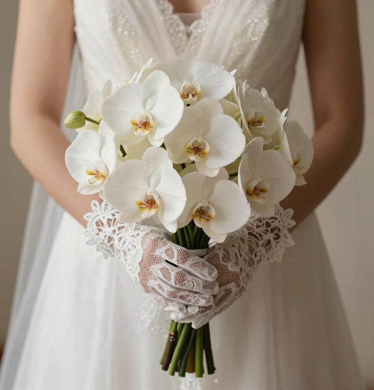 Detailed photography of a bride's hands wearing delicate lace gloves and holding a bouquet of cream white orchids. Soft lighting, warm champagne grey background, elegant and sophisticated style, Hispanic / Spanish-speaking wedding detail.