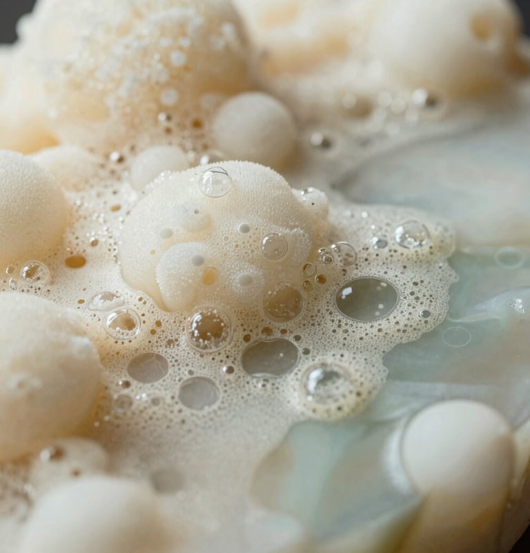 Extreme detail of a resin surface, focusing on the unique textures and air bubbles intentionally trapped to resemble sea foam, using Elegant Cream and Muted Sage colors.