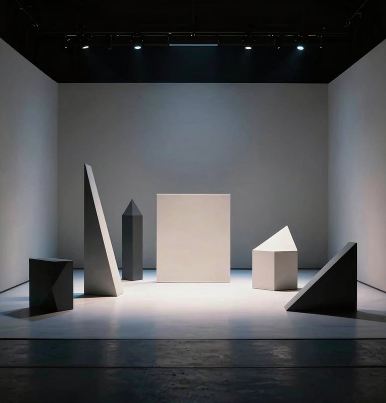 A wide-angle landscape shot of a minimalist performance set featuring geometric shapes and cool-toned lighting. The scene is immersive and sophisticated, reflecting a North American / US avant-garde theatre design.