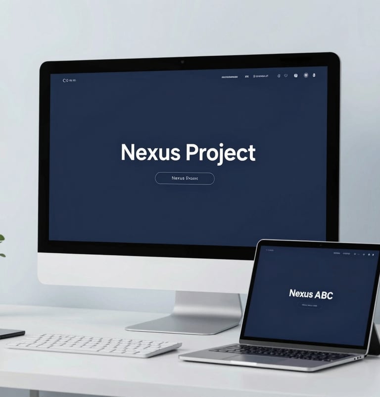 A minimalist workspace setup featuring a desktop monitor and a tablet both displaying the Nexus project. Clean aesthetics, soft natural light mixed with #2D3A4B screen glow. Background is #E6EFF5.