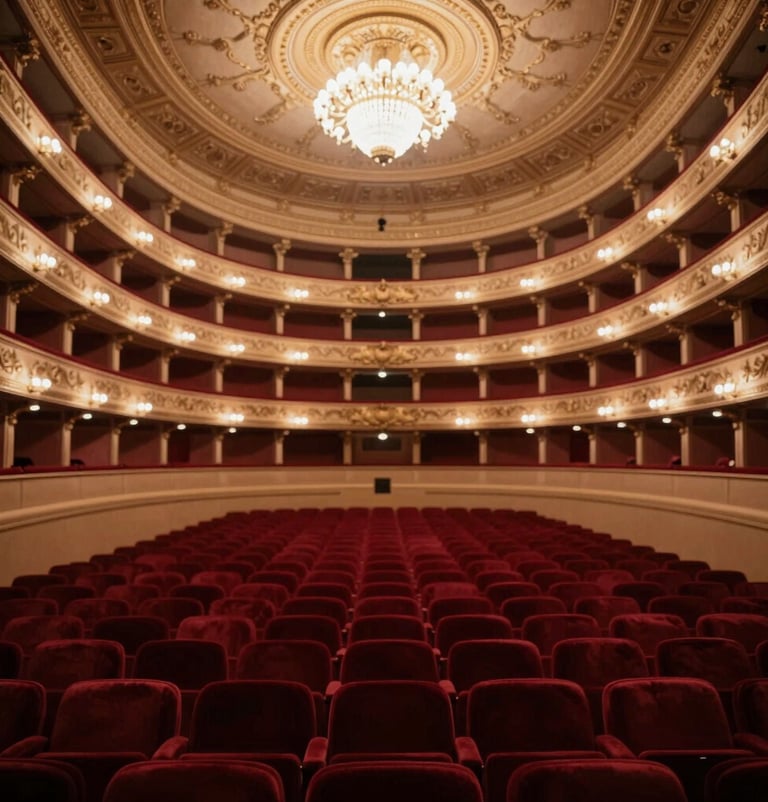 A wide-angle interior view of a prestigious global opera house like the Metropolitan, with rows of velvet seats and ornate architecture. The colors feature rich reds and warm sands (#6B242D and #DDCBC0) under a brilliant chandelier.