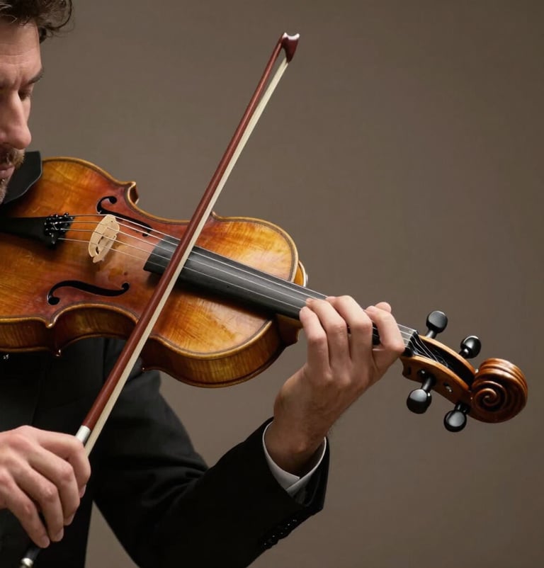 Close-up of a professional musician's hands playing a violin with precision, deep taupe background, soft dramatic lighting, Southern European / Spanish professional environment.