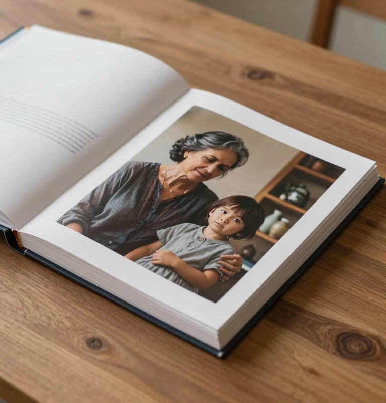 A lifestyle shot of a printed photography album lying on a wooden table. One page shows a cinematic portrait of a grandmother and child in a warm interior. Soft lighting, neutral sand and deep charcoal accents.
