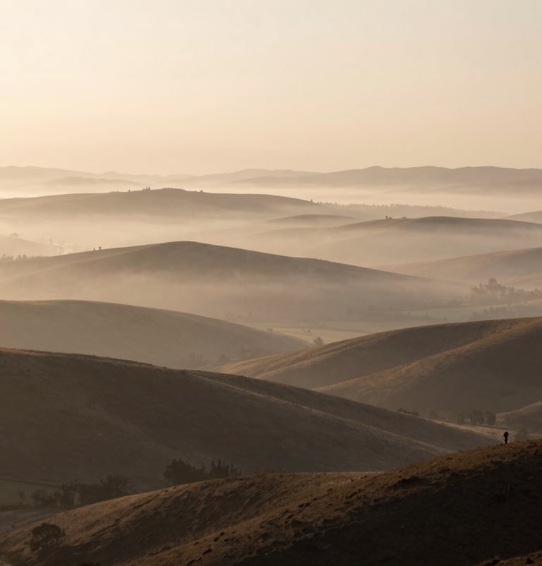 A wide, breathtaking landscape of rolling hills at dawn, shrouded in a soft #F5F0E1 mist with deep #6F604F earthy tones in the foreground. Very cinematic.
