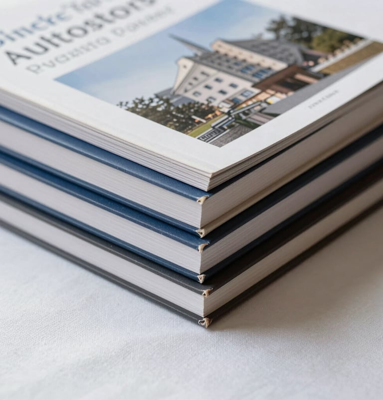 Close-up of a stack of academic journals and architectural books on a clean soft linen white surface, soft shadows, sophisticated and academic atmosphere.