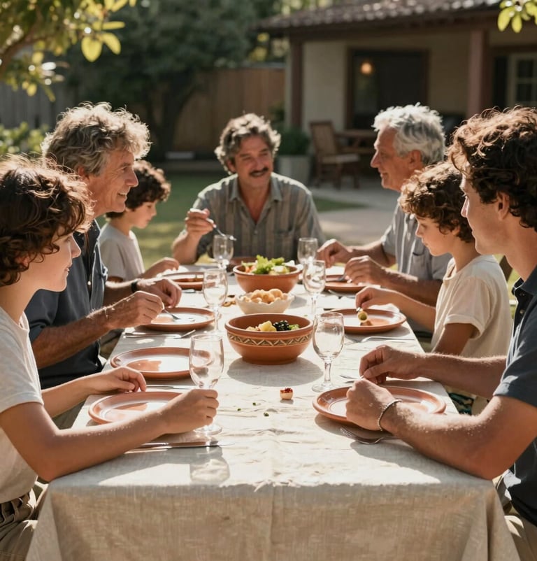 A candid shot of a family sharing a meal outdoors in a North American / US patio setting. The scene is sun-drenched with soft sand table linens and terracotta ceramic plates. Cinematic, authentic interaction.