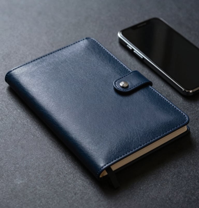 A minimalist workspace featuring a high-quality leather notebook and a sleek mobile phone, emphasizing a clean and professional branding aesthetic with dark navy tones.