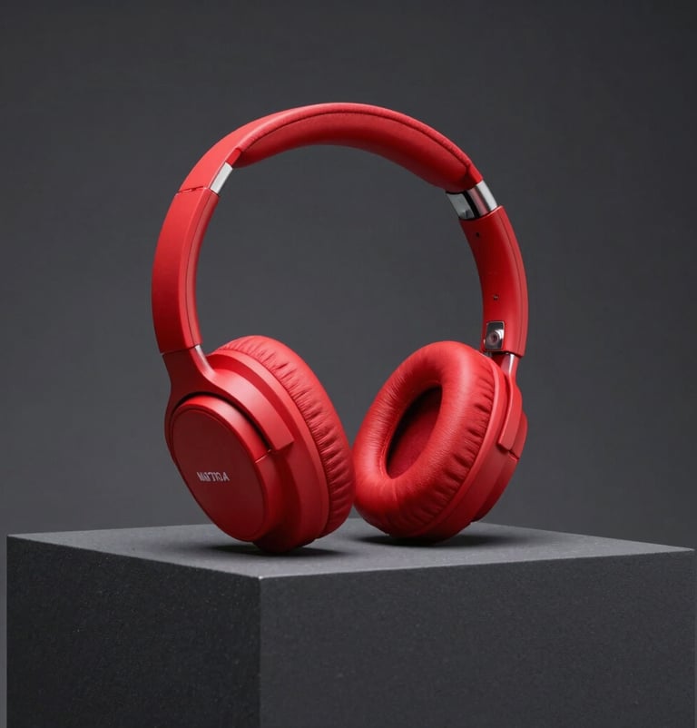 Commercial product photography of red high-end headphones on a dark gray pedestal, North American studio style, clean lines, and a minimalist aesthetic with sharp focus.