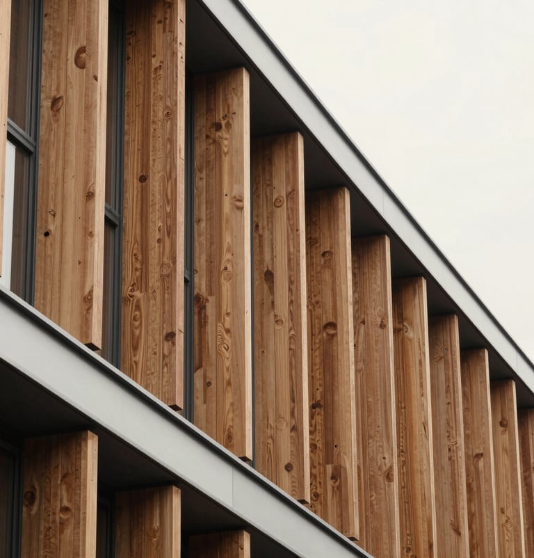 Detail of a wooden brise-soleil on a modern building, soft off-white background, precise technical lines, editorial style, high contrast between wood and light silver gray structure.