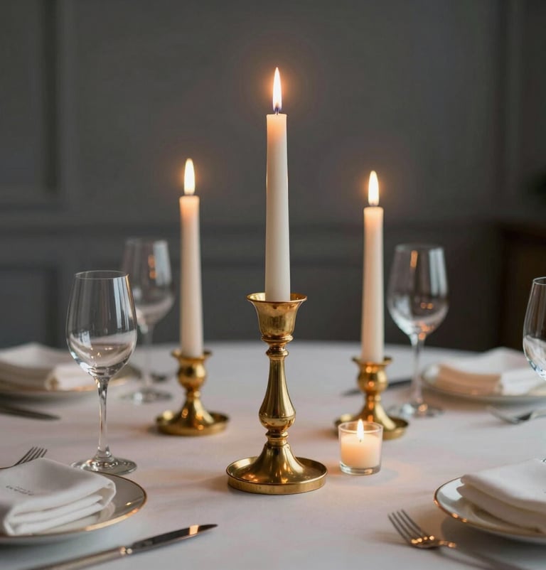 Close-up of an elegant table setting at a luxury event in Spain, soft gold candlelight, deep grey background, sophisticated aesthetic.