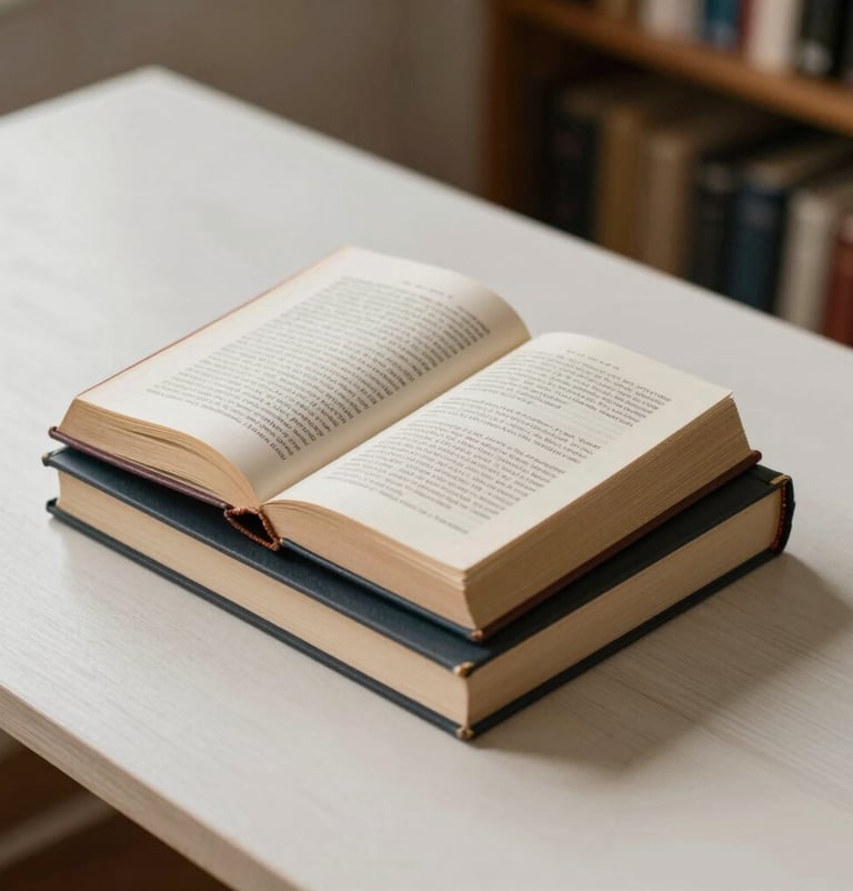 A beautifully bound collection of books written by Elizeu Mol resting on a pristine off-white wooden table in a South American / Brazilian study, soft natural light.