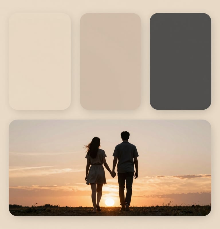 A full-length cinematic shot of the couple walking away from the camera toward a sunset horizon. They are holding hands, silhouettes slightly glowing from the backlighting. The mood is peaceful and reflective. Brand colors Soft Sand (#F8F0E3) and Charcoal (#333333) are present in the sky and shadows.