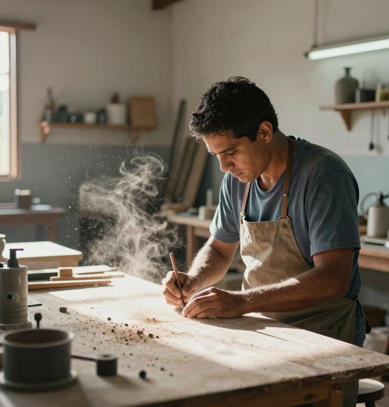 Cinematic wide shot thumbnail for a documentary, an artisan working in a sun-drenched Brazilian workshop, dust motes in the air, steel blue-grey and off-white tones.