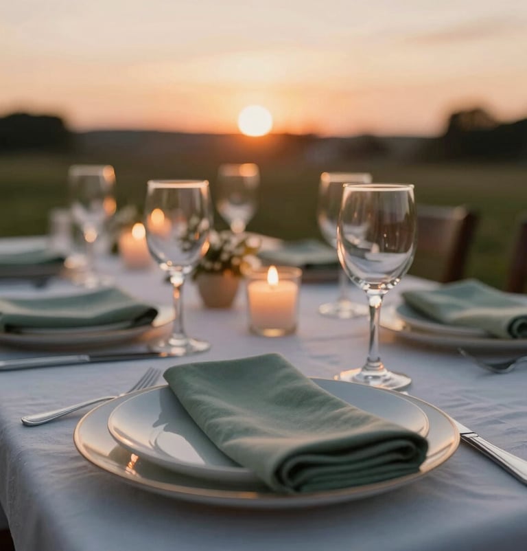 An authentic, candid shot of a sunset dinner table with mist white plates and sage green napkins. Warm, inviting glow from candles, soft focus on the background.
