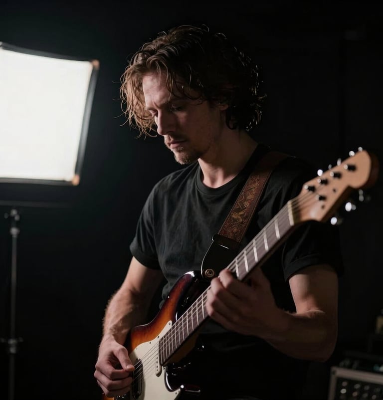 A dark, cinematic portrait of a guitarist from the side, illuminated by a single soft alabaster white light source, blending into deep obsidian black.