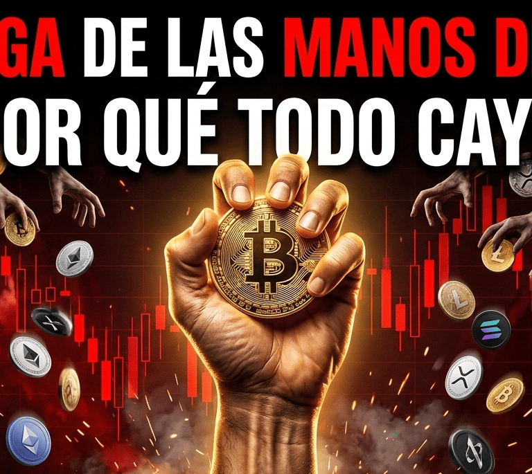 Hand holding a Bitcoin coin over a red market crash graph with falling cryptocurrency symbols.