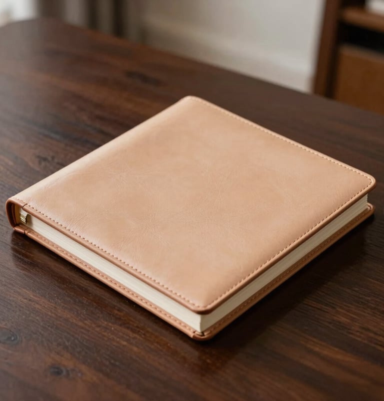 A detailed photography shot of a high-end, leather-bound photography album resting on a dark chocolate wooden table in a well-lit North American home. The cover is a soft sand color. Focus on the texture of the leather. Elegant, warm atmosphere.