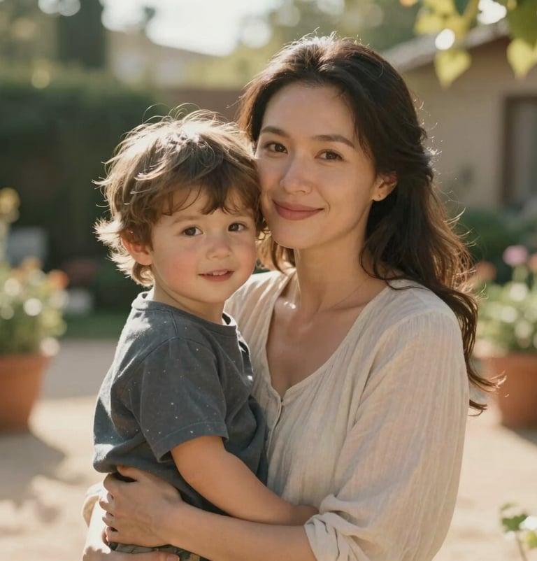 A beautiful cinematic portrait of a mother and child in a sun-drenched North American / US garden. The lighting is soft and golden. Soft Sand and Terracotta colors in the surroundings. High-quality photography focusing on genuine human connection.