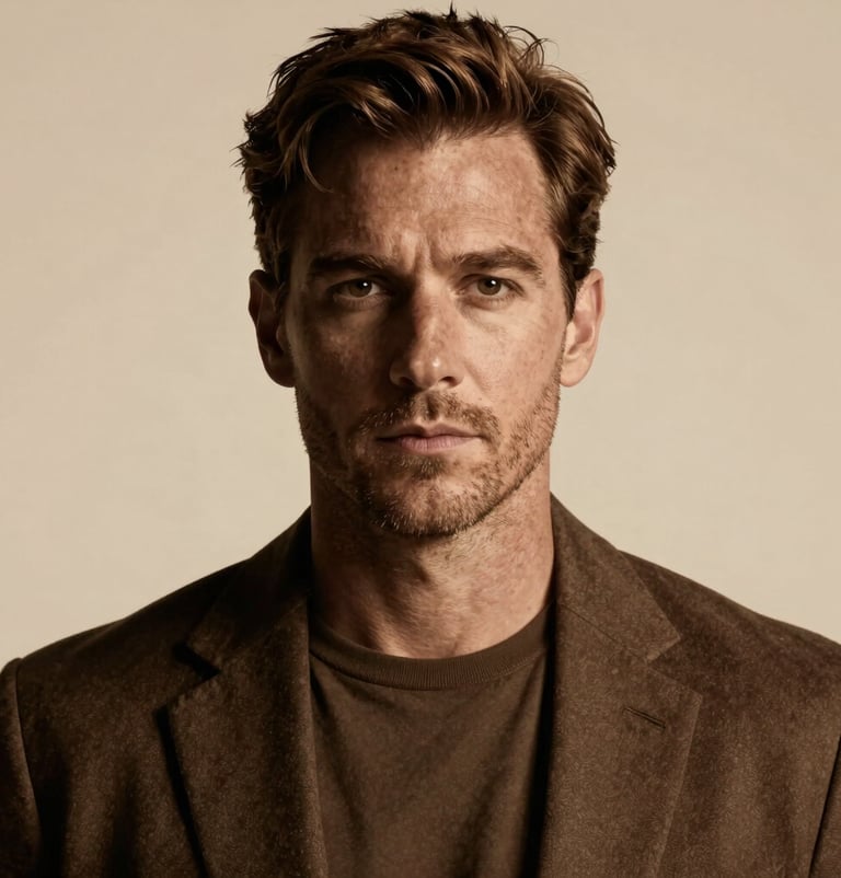 A vertical poster featuring a cinematic portrait of a man in shadow, styled with a Warm Bronze tint. Minimalist composition, professional lighting.