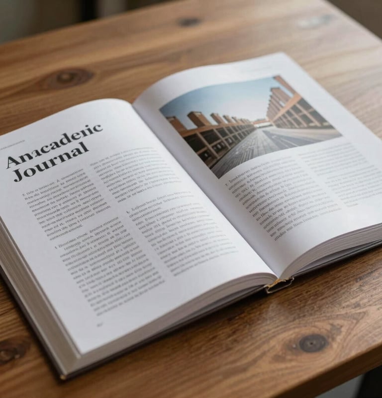 An open academic journal on a wooden table, showcasing a layout of text and architectural photography. The paper is mist white with charcoal black typography. Soft natural light.