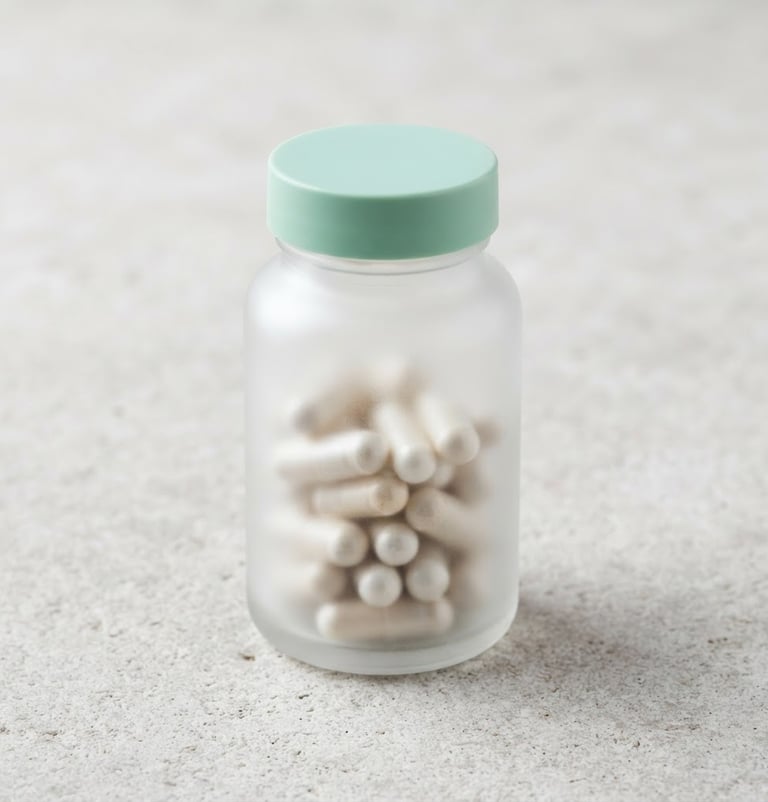A clean frosted glass supplement bottle resting on a light gray stone backdrop, bright high-key studio lighting, soft clinical shadows, sharp macro focus, 50mm