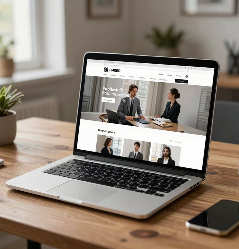A sleek modern laptop displaying a professional e-commerce website design, sitting on a wooden desk in a bright International / Western home office.