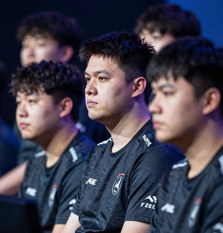 A high-resolution shot of pro-players on stage, focused on their intense expressions, under dramatic studio lighting with hints of #1F2E3A and #4A6075.