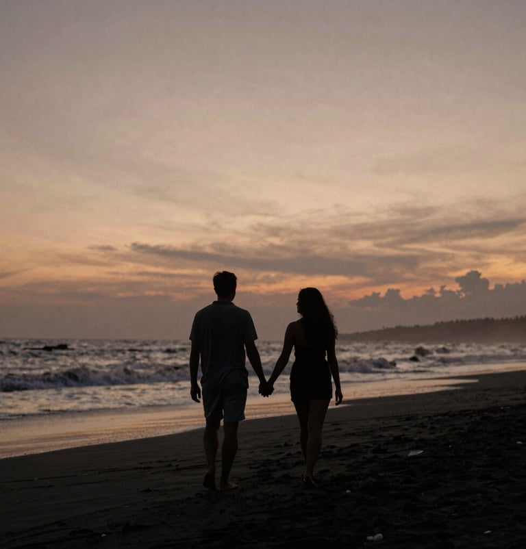Couple walking hand-in-hand away from the camera on a black sand Bali beach at twilight, sunset glow on the horizon, #3F322A silhouettes, minimalist and timeless storytelling.