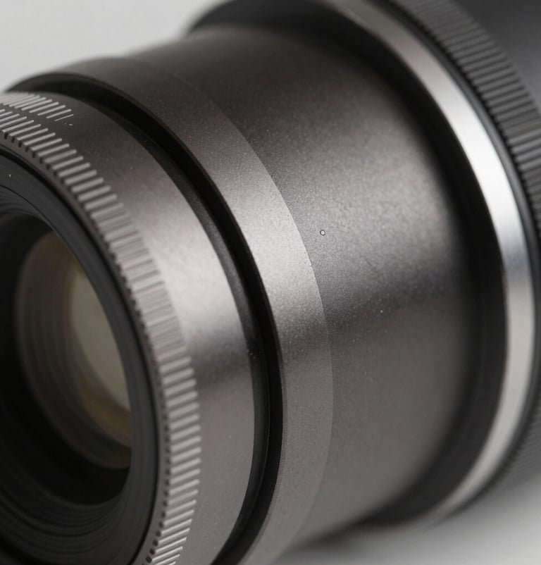 Extreme close-up of a professional mechanical camera part. Industrial design, dark charcoal and soft gray tones, polished metal surfaces reflecting a minimalist studio.