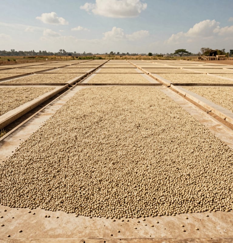 Photography of coffee beans spreading out on wide drying beds under a bright South American / Latin sky, geometric rows, warm cream and sand colors, sophisticated rustic style.