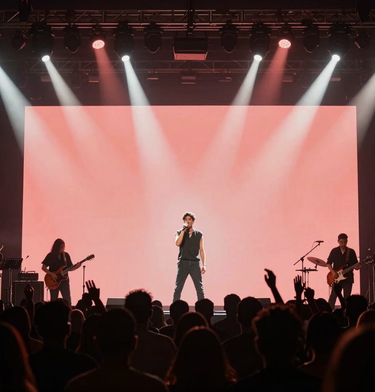 Live concert photography of a singer on a small South American stage, dark silhouettes of the crowd in the foreground, vibrant stage lighting in salmon pink and off-white.