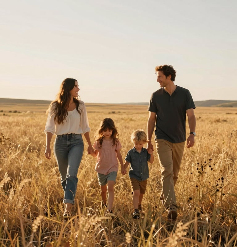 A candid and artistic photograph of a family walking through a golden North American / US meadow. The lighting is warm and joyful, capturing authentic human connection with professional clarity and soft off-white highlights.